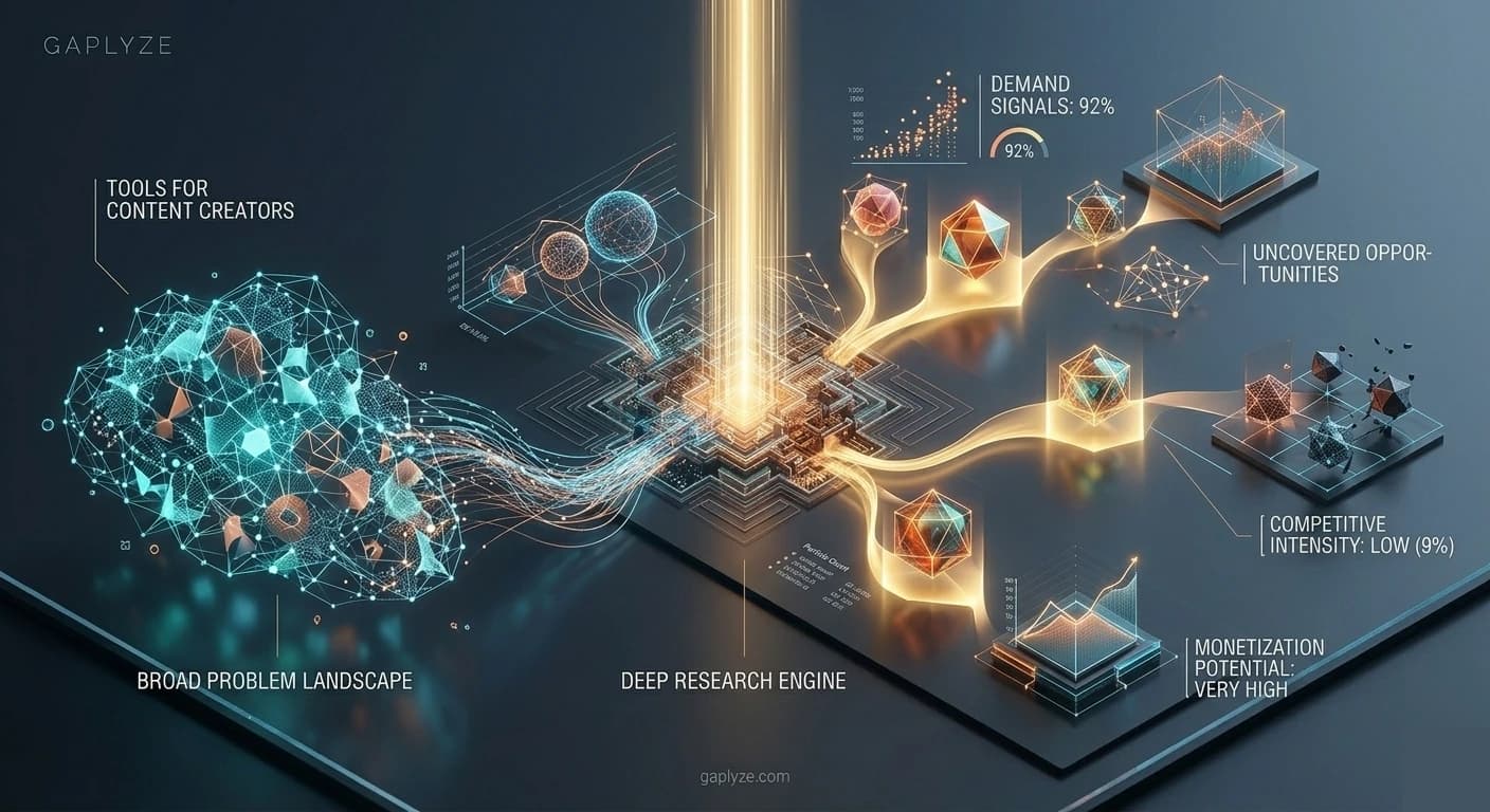 Deep Research mode analyzing niche opportunities